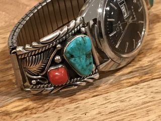 Vintage Navajo Signed Turquoise & Coral Sterling Silver Cuff Bracelet W/watch