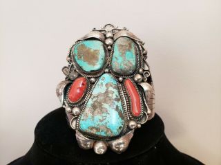 Vintage Navajo Sterling Silver Turquoise/pyrite & Coral Cuff Bracelet Signed Tk