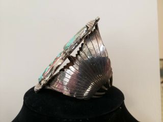 Vintage Navajo Sterling Silver Turquoise/Pyrite & Coral Cuff Bracelet Signed TK 2
