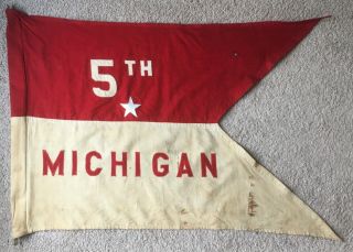 Vintage Linen Red & White = Michigan 5th = Flag Antique Collectible = 38 " X 24 "