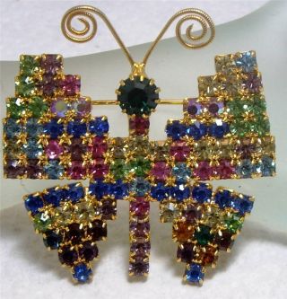 Vintage Signed Dominique Colorful Prong Set Rhinestone Butterfly Pin Brooch