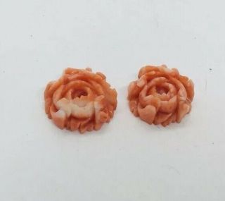 Vintage Pair Carved Red Coral Flower Beads For Earrings Or Rings