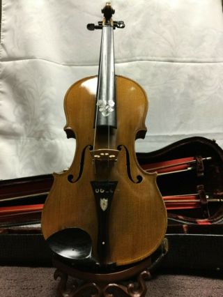 Antique " Ole Bull " Marked Pearl Inlay Violin With Tourte And Bausch Bows & Case