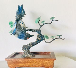 Vintage Suhai Chinese Sterling Silver Enameled Jade Vermeil Bird Figurine