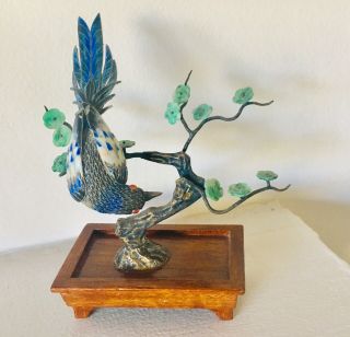 VINTAGE SUHAI CHINESE STERLING SILVER ENAMELED JADE VERMEIL BIRD FIGURINE 4