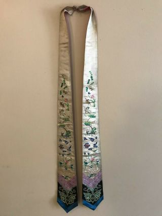 Antique Pair Chinese Silk Embroidery Panel Robe Sash 19th