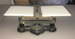Vintage/antique Ohaus Balance Scale With White Square Milk Glass Trays