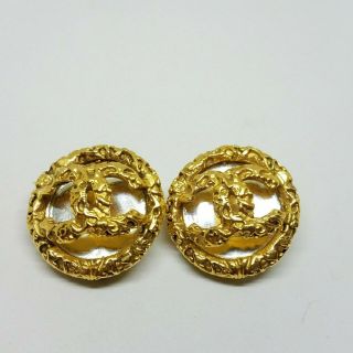 Authentic Rare Vintage Chanel Cc Logo Gold Round Mirror Hoop Clip Earrings