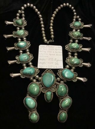 Big Vintage Sterling Silver & Cerillos Turquoise Squash Blossom Necklace,  293.  8g
