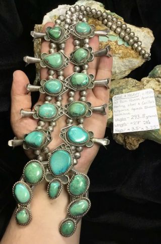 BIG Vintage Sterling Silver & Cerillos Turquoise Squash Blossom Necklace,  293.  8g 2