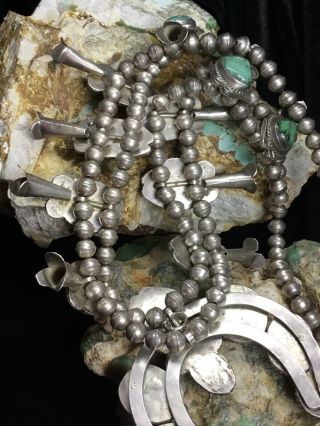 BIG Vintage Sterling Silver & Cerillos Turquoise Squash Blossom Necklace,  293.  8g 9