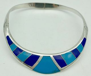 Sterling Silver Taxco Choker Necklace Turquoise Lapis Hinged Collar 107g 14.  5”
