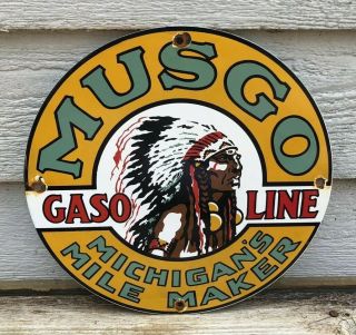 Vintage Musgo Gasoline Porcelain Sign Gas Service Station Pump Plate Motor Oil