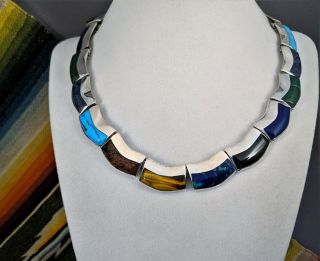 Vtg.  Mexico Signed Heavy 950 Silver Natural Multi - Color Gemstone Collar Necklace