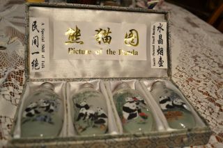 Antique Chinese Opium Bottles In Satin Case - Hand - Painted From Inside - Pandas