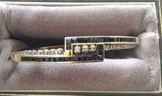 Vintage 1950s Thin 14k Gold Sapphire,  Diamond Bangle Bracelet 18g