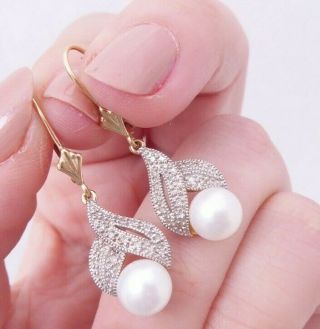 Fine 9ct/9k Gold Diamond & Large Cultured Pearl Drop Earrings,  375