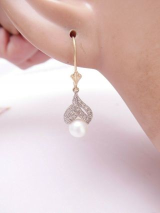 Fine 9ct/9k gold diamond & large cultured pearl drop earrings,  375 4