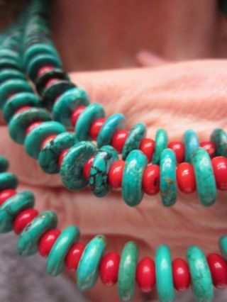 Vintage 188g SANTO DOMINGO Sterling Silver TURQUOISE & CORAL 3 STRAND Necklace 7