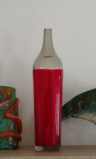 Alfredo Barbini:Murano Venetian Art Glass vintage vase bottle red incalmo signed 11