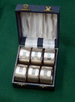 Boxed Set Of 6 Vintage Art Deco Jh&s Birmingham Sterling Napkin Rings " B " Marked