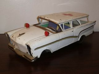 1957 Bandai Japan Tin Friction Ford Fairlane Wagon Ambulance Toy Car - Parts/resto