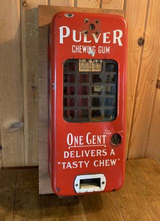 Vintage Pulver Chewing Gum One Cent Vending Machine Red Enamel With Blue Cop Nr