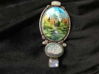 Amy Kahn Russell Akr Hand Painted Mother Of Pearl Pendant Brooch 3”