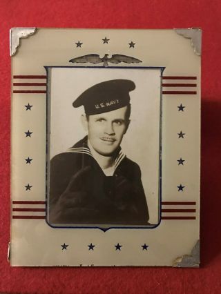 Ww2 Stars & Stripes Reverse Painted Glass Picture Frame W/ Sailor Photo