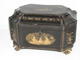 Oriental Tea Box Lacquered With Tin Jars.