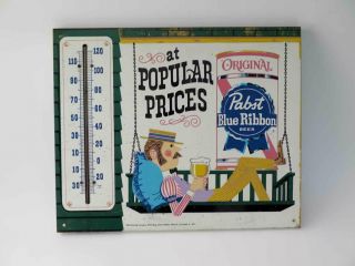 Vintage Metal Pabst Blue Ribbon Beer Pbr Thermometer Sign With Guy Graphic Swing
