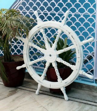 Handcrafted 36 " Antique White Home Wall Decor Large Nautical Wooden Ship Wheel