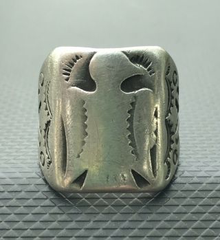 Old Native American Indian Fred Harvey Era Coin Silver Thunderbird Ring 1930s