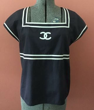 Vintage Chanel Navy Blue 100 Cotton Top Cc Logo Sailor White Stripes Euc