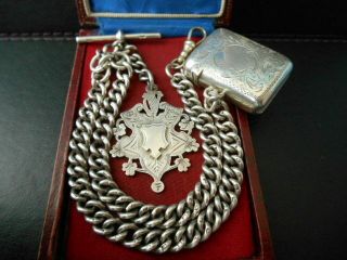 Antique Solid Silver Double Albert Chain Vesta Case & Fob Not Scrap 75.  2gm