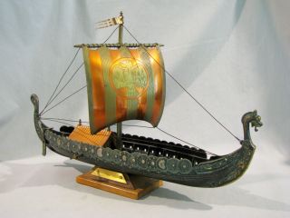 Old Brass Model Of Denmark Viking Ship With Music Box - 16 " - Music Box