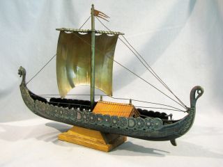 OLD BRASS MODEL OF DENMARK VIKING SHIP WITH MUSIC BOX - 16 