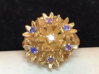 Estate Antique 14k Gold Natural Blue White Sapphire Ring Flower Cluster