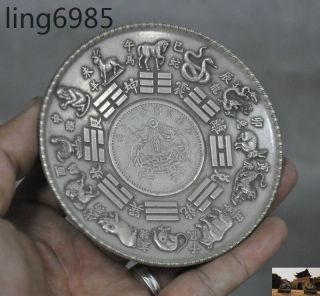 old Chinese Tibetan silver Feng shui 12 Zodiac animal dragon Phoenix plate Dish 2