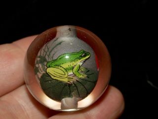One Huge Vintage Chinese Reverse Painted Glass Bead Frog Lotus 30mm Round