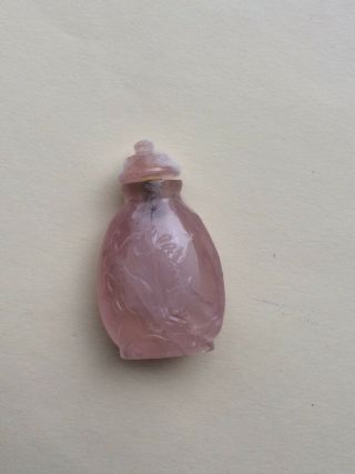 Antique Chinese Carved Rose Quartz Snuff Bottle With Leaves/flowers