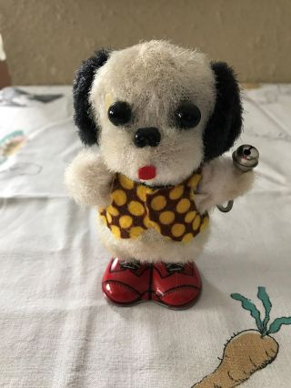1960s Tin Key Wind - Up Toy Dog Jumping Bell 5 " Tall Made In Japan