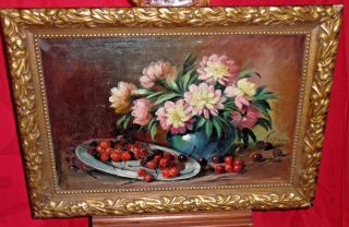 Antique Oil Painting On Canvas - Still Life Flowers & Cherries - V.  Steen
