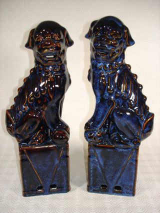 Large Chinese Porcelain Foo Dogs In Blue Glaze