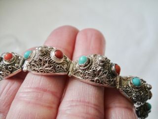 Vintage Chinese Sterling Silver Filigree Turquoise Coral Panel Bracelet