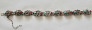 Vintage Chinese Sterling Silver Filigree Turquoise Coral Panel Bracelet 2