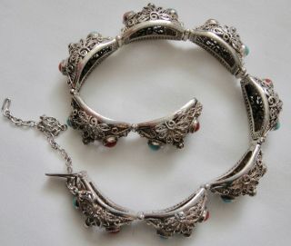 Vintage Chinese Sterling Silver Filigree Turquoise Coral Panel Bracelet 3