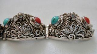 Vintage Chinese Sterling Silver Filigree Turquoise Coral Panel Bracelet 4