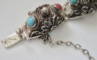 Vintage Chinese Sterling Silver Filigree Turquoise Coral Panel Bracelet 5