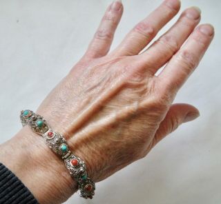 Vintage Chinese Sterling Silver Filigree Turquoise Coral Panel Bracelet 6